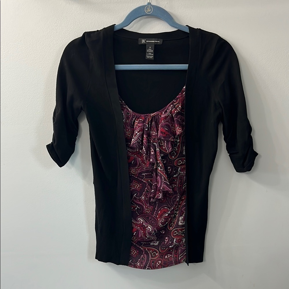 INC International Concepts Purple & Red Ruffle Blouse Attached Black Cardigan S
